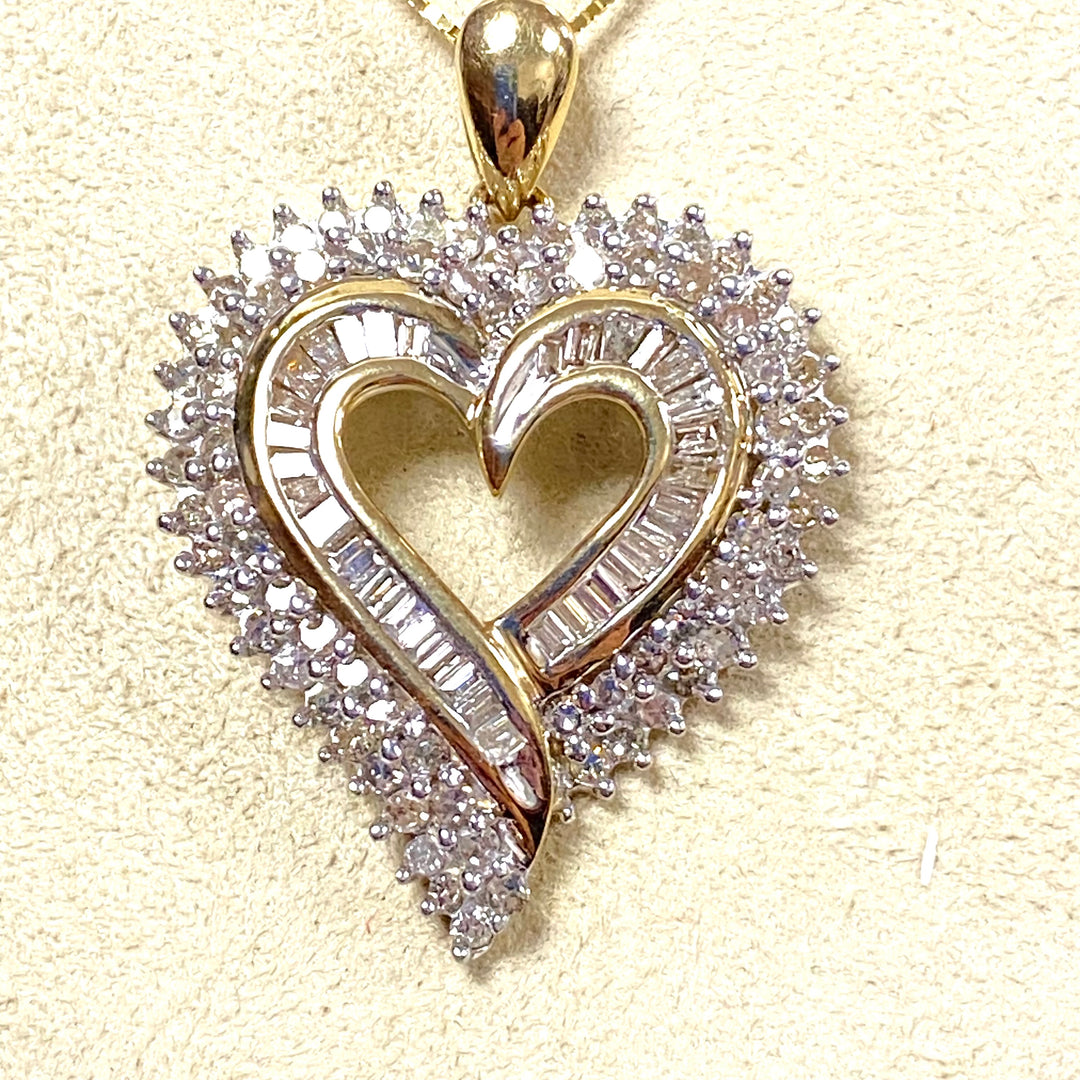 u743 Vintage 10K Yellow Gold 1ct Diamond Heart Pendant Chain Necklace 18" Long