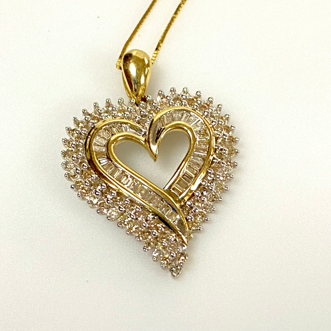u743 Vintage 10K Yellow Gold 1ct Diamond Heart Pendant Chain Necklace 18" Long