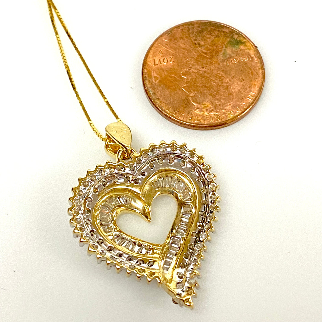 u743 Vintage 10K Yellow Gold 1ct Diamond Heart Pendant Chain Necklace 18" Long