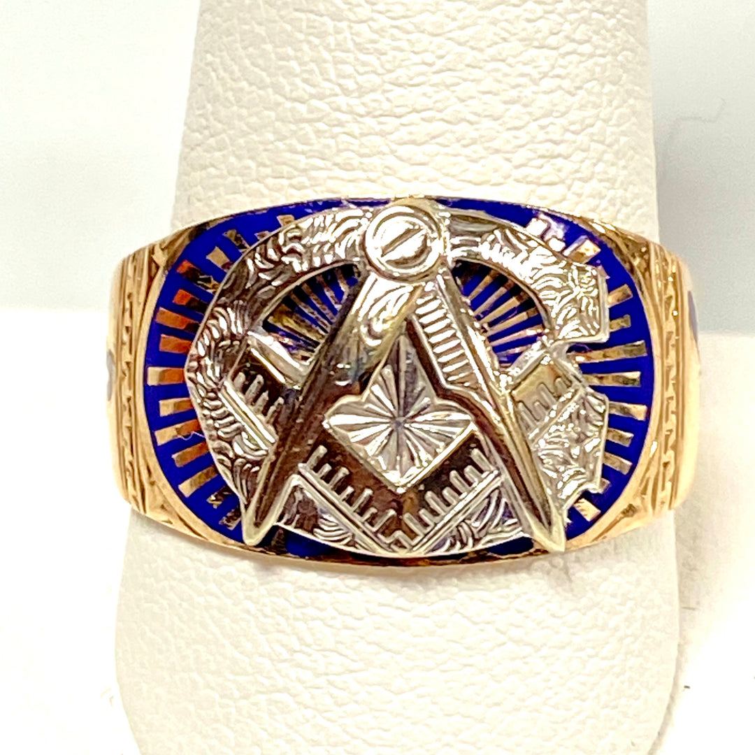 u748 Vintage 10k Rose Gold Blue Enamel Masonic Wide Band Ring Ring Size 11