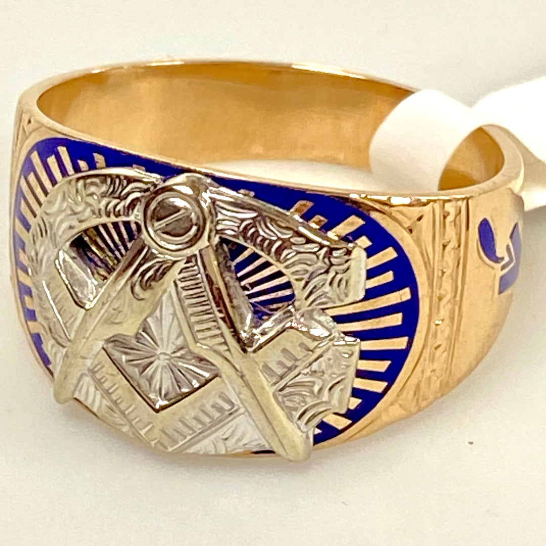 u748 Vintage 10k Rose Gold Blue Enamel Masonic Wide Band Ring Ring Size 11