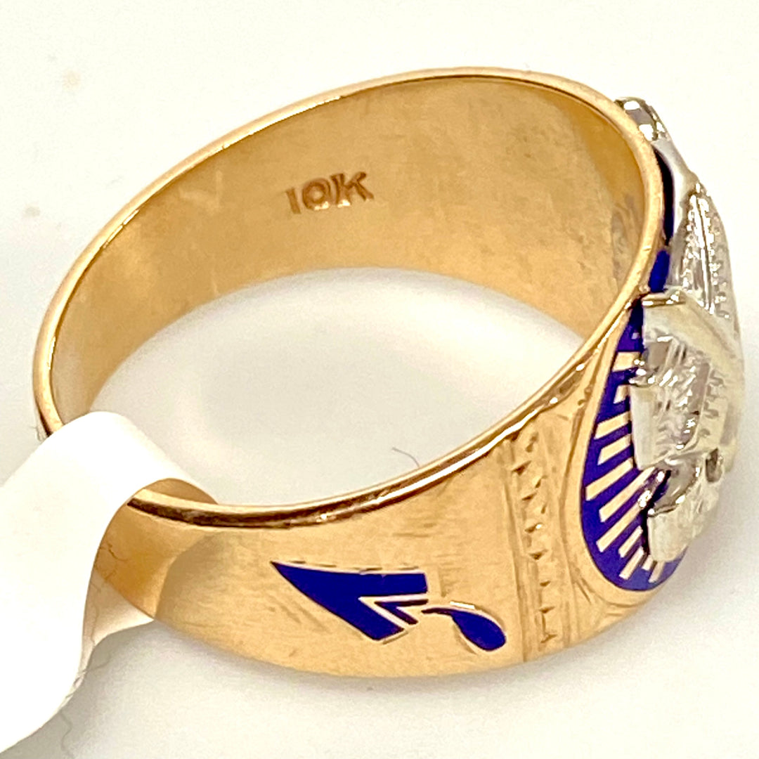 u748 Vintage 10k Rose Gold Blue Enamel Masonic Wide Band Ring Ring Size 11