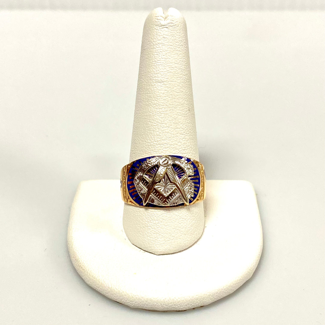 u748 Vintage 10k Rose Gold Blue Enamel Masonic Wide Band Ring Ring Size 11