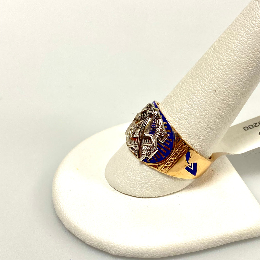 u748 Vintage 10k Rose Gold Blue Enamel Masonic Wide Band Ring Ring Size 11