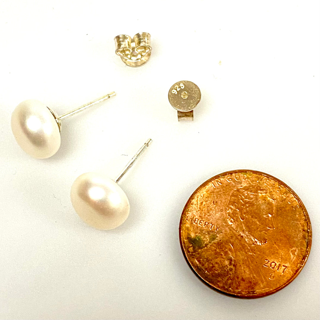 u758 Vintage Sterling Silver 925 Round Pearl Button Stud Earrings