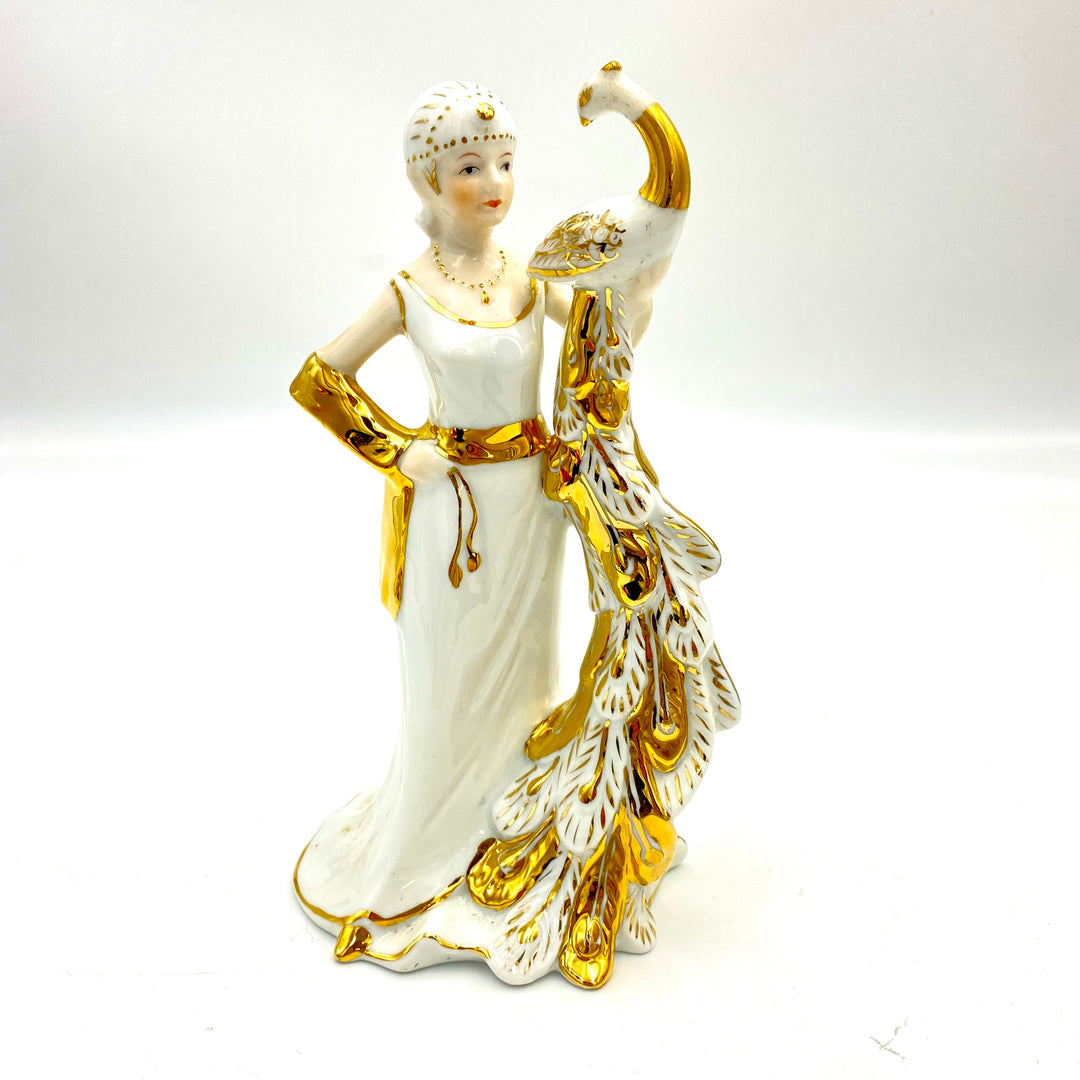 u798 Vintage Porcelain Peacock Princess Statue Stanning Gold Trim KPM 1950s