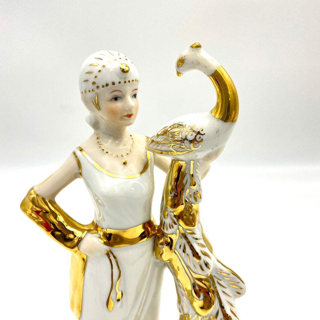 u798 Vintage Porcelain Peacock Princess Statue Stanning Gold Trim KPM 1950s