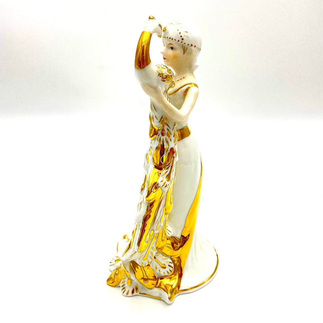u798 Vintage Porcelain Peacock Princess Statue Stanning Gold Trim KPM 1950s