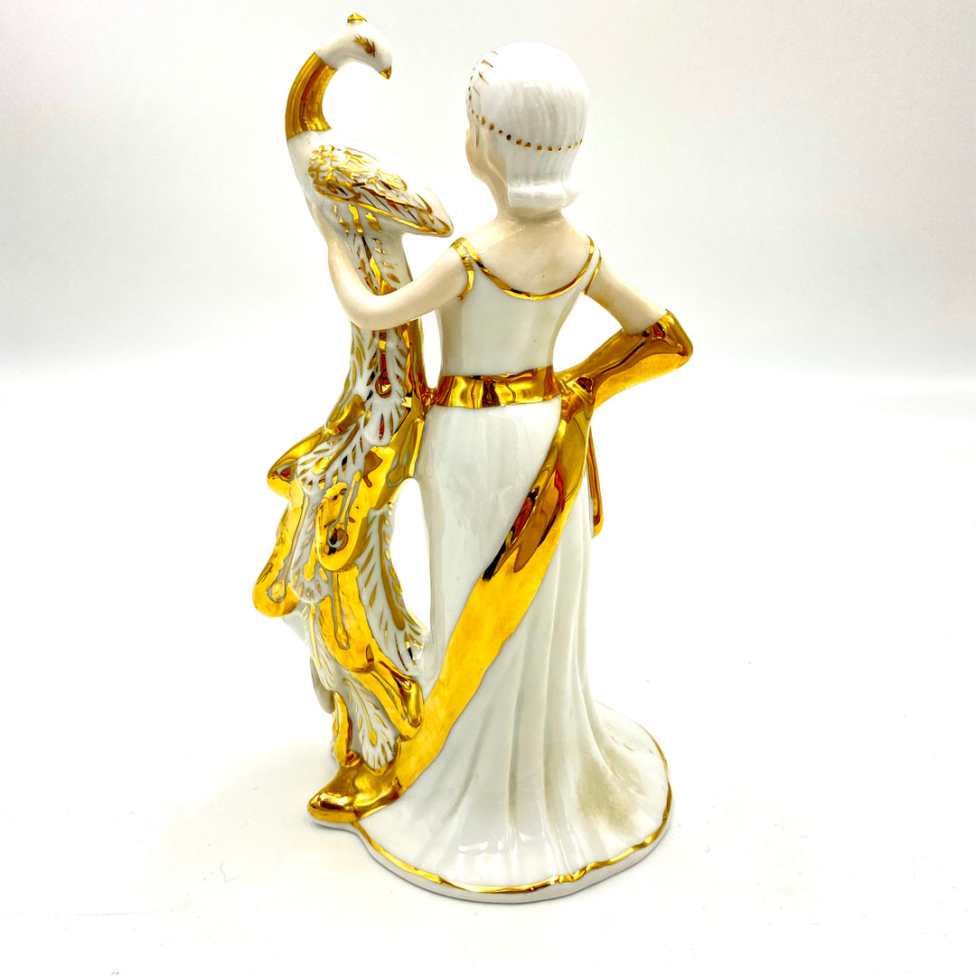 u798 Vintage Porcelain Peacock Princess Statue Stanning Gold Trim KPM 1950s