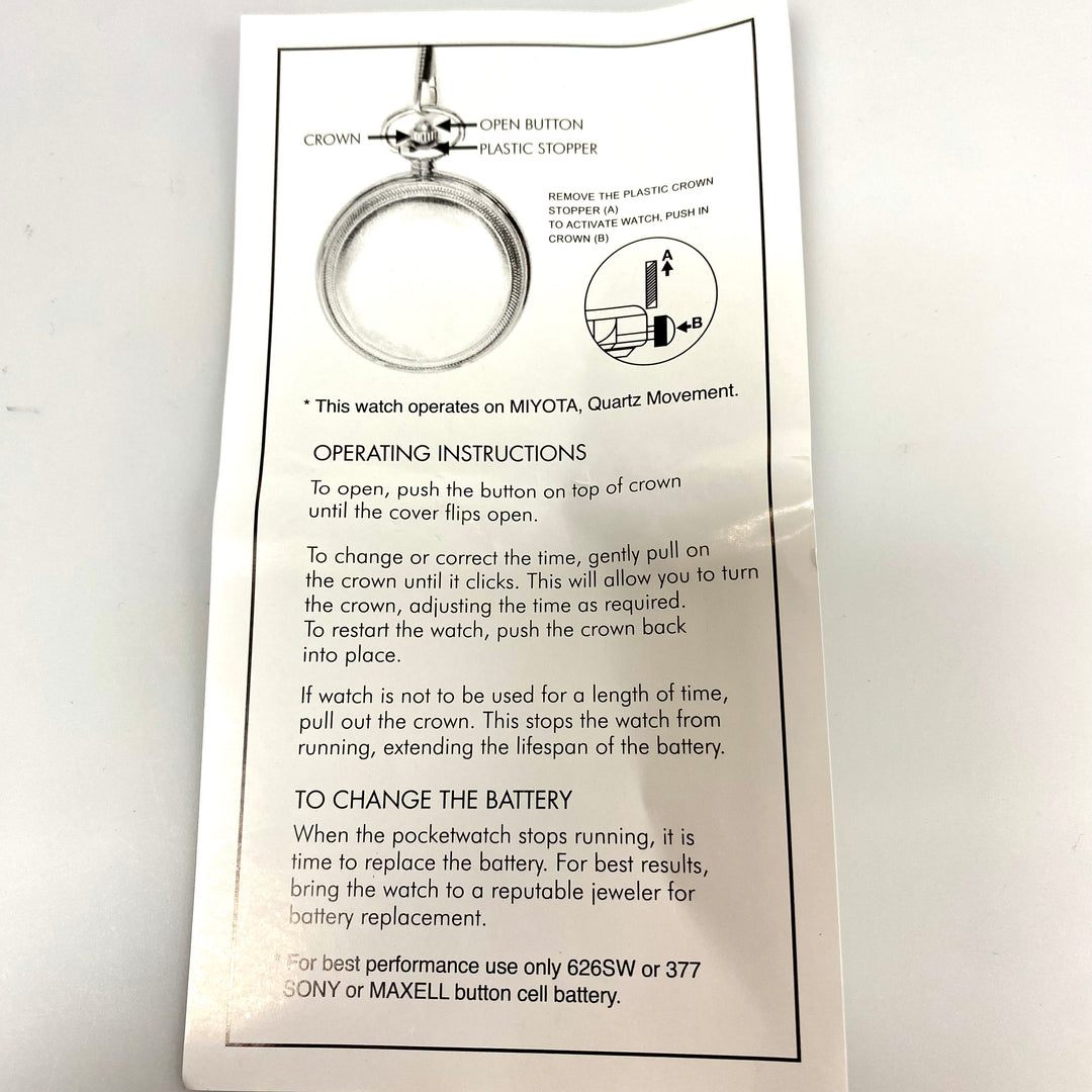 u813 Vintage Miyota Quartz Japan Movement Silver Tone Pocket Watch & Chain 14.5"