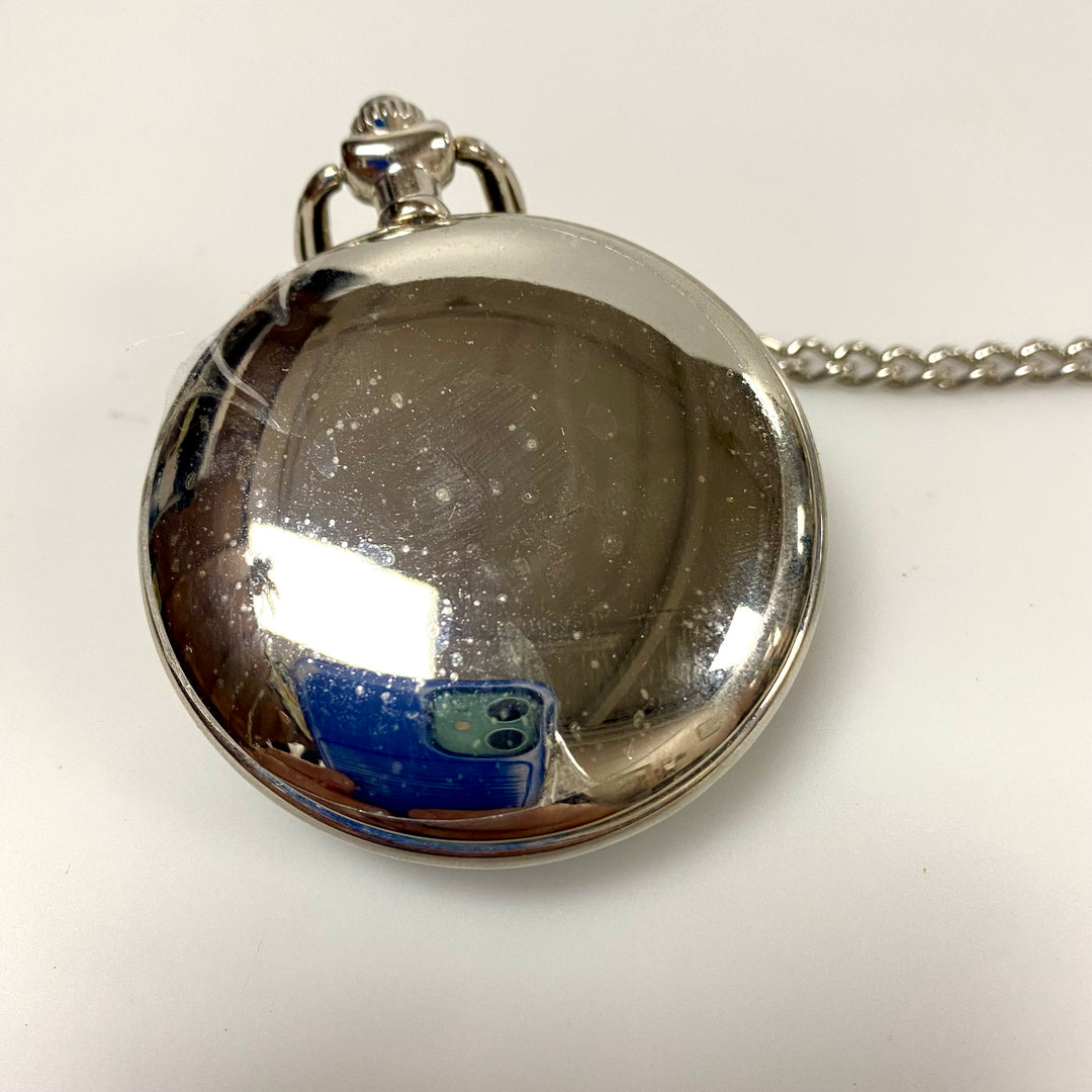 u813 Vintage Miyota Quartz Japan Movement Silver Tone Pocket Watch & Chain 14.5"