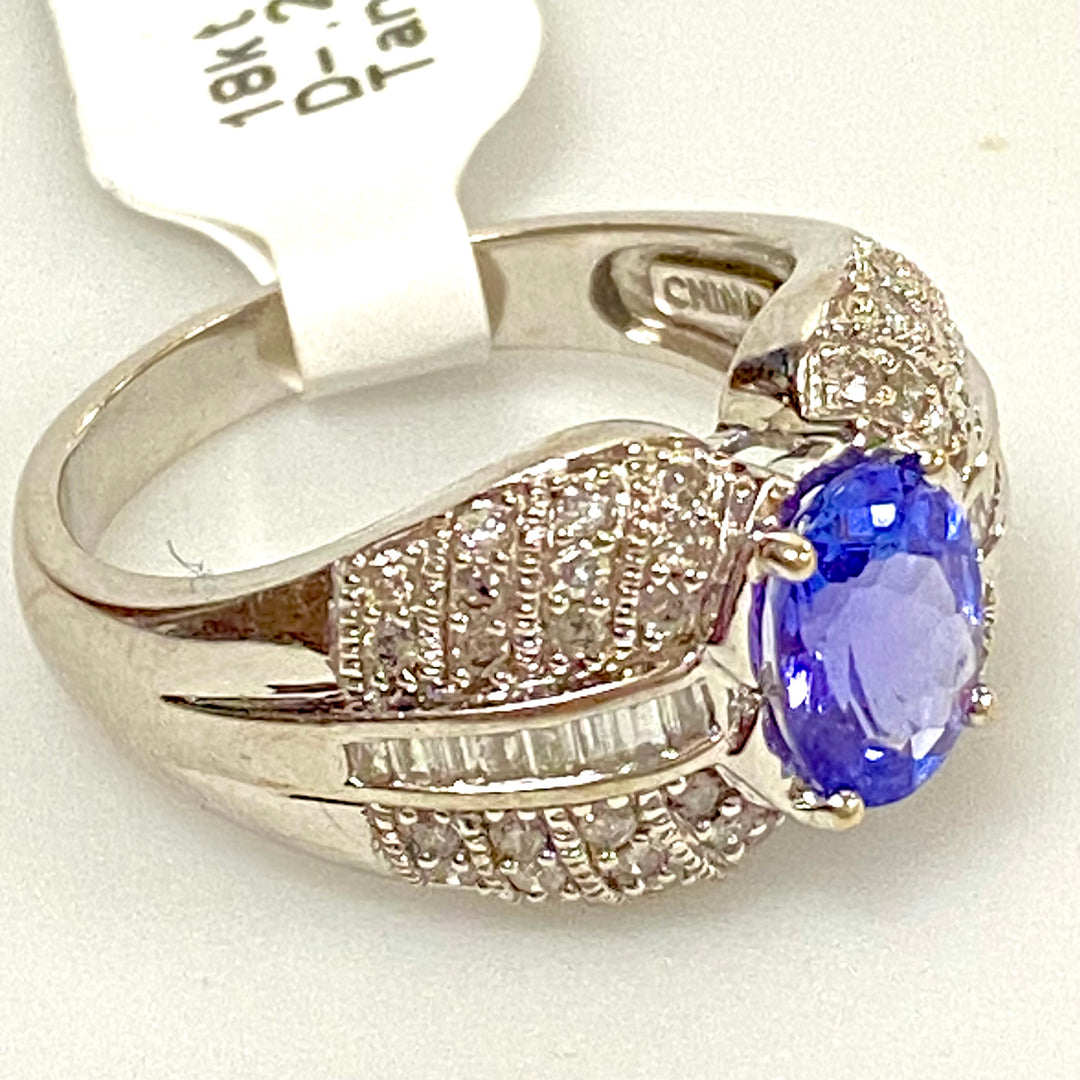 u814 Vintage 18K White Gold Tanzanite Diamond .25cts Engagement Ring Diamond Sz8