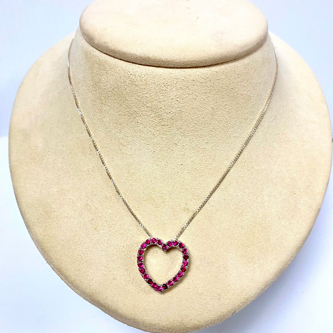 u823 Vintage Sterling Silver 925 Box Chain Necklace Ruby Heart Pendant 18" Long