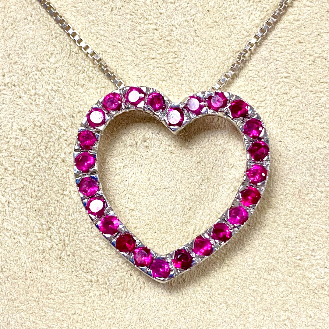 u823 Vintage Sterling Silver 925 Box Chain Necklace Ruby Heart Pendant 18" Long
