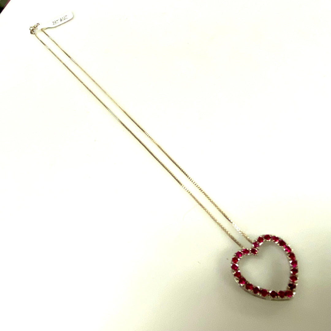 u823 Vintage Sterling Silver 925 Box Chain Necklace Ruby Heart Pendant 18" Long