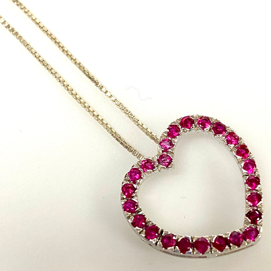 u823 Vintage Sterling Silver 925 Box Chain Necklace Ruby Heart Pendant 18" Long