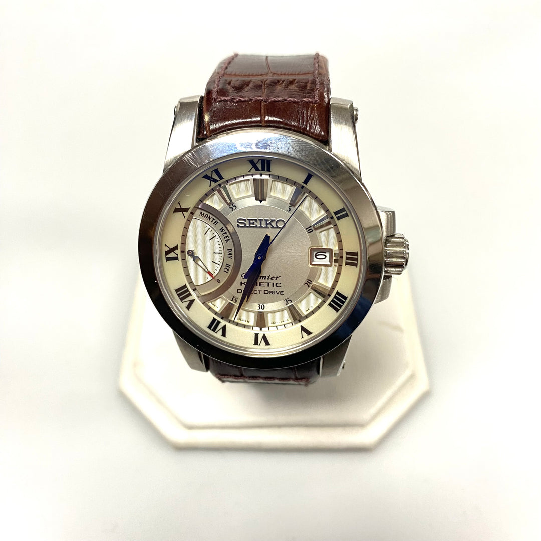 u829 SEIKO Premier Kinetic Direct Stainless Steel Original Leather Wrist Watch