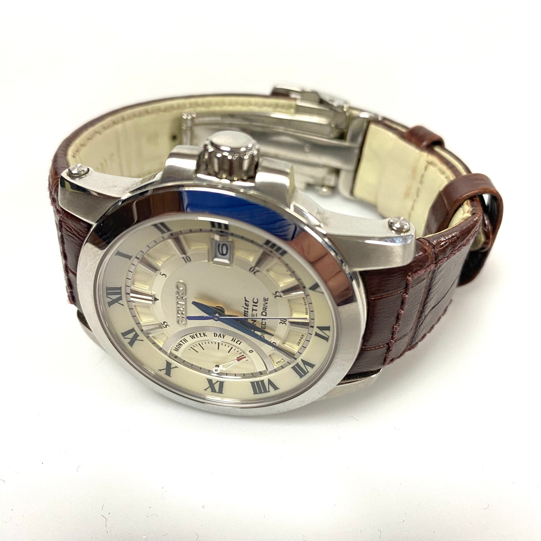 u829 SEIKO Premier Kinetic Direct Stainless Steel Original Leather Wrist Watch