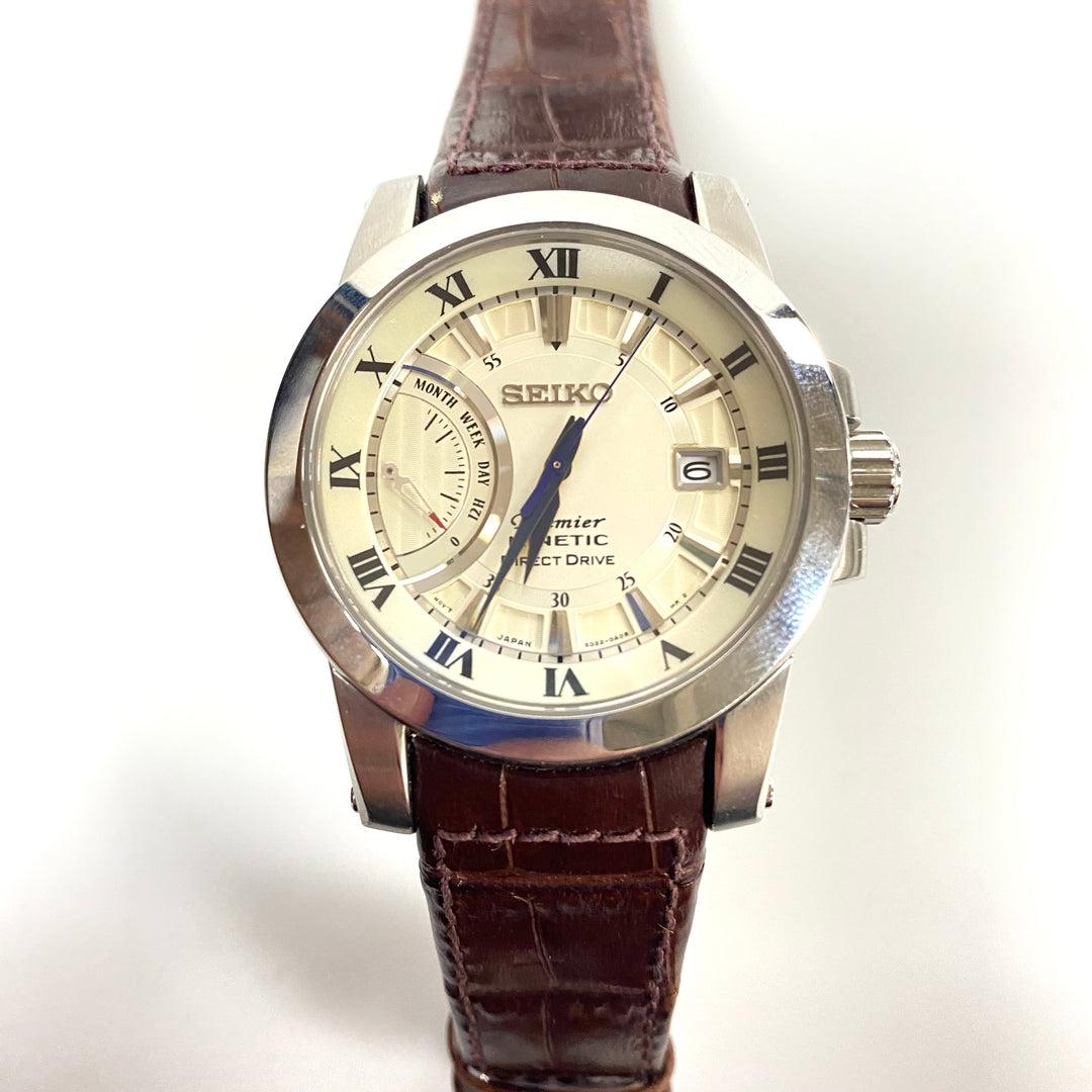 u829 SEIKO Premier Kinetic Direct Stainless Steel Original Leather Wrist Watch