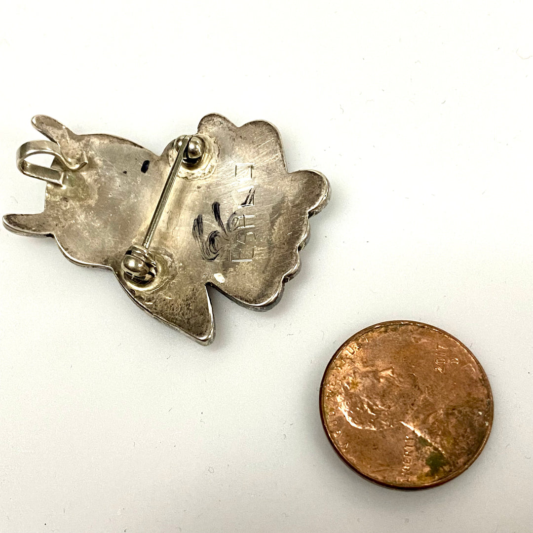 u836 Vintage Esalio Zuni Owl Pendant Pin Brooch Sterling Silver Turquoise Shell