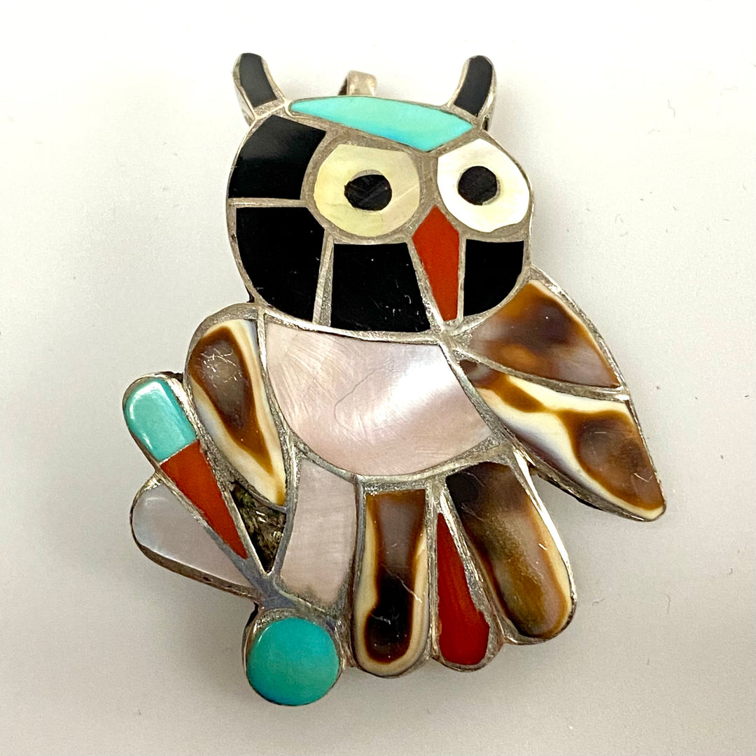 u836 Vintage Esalio Zuni Owl Pendant Pin Brooch Sterling Silver Turquoise Shell