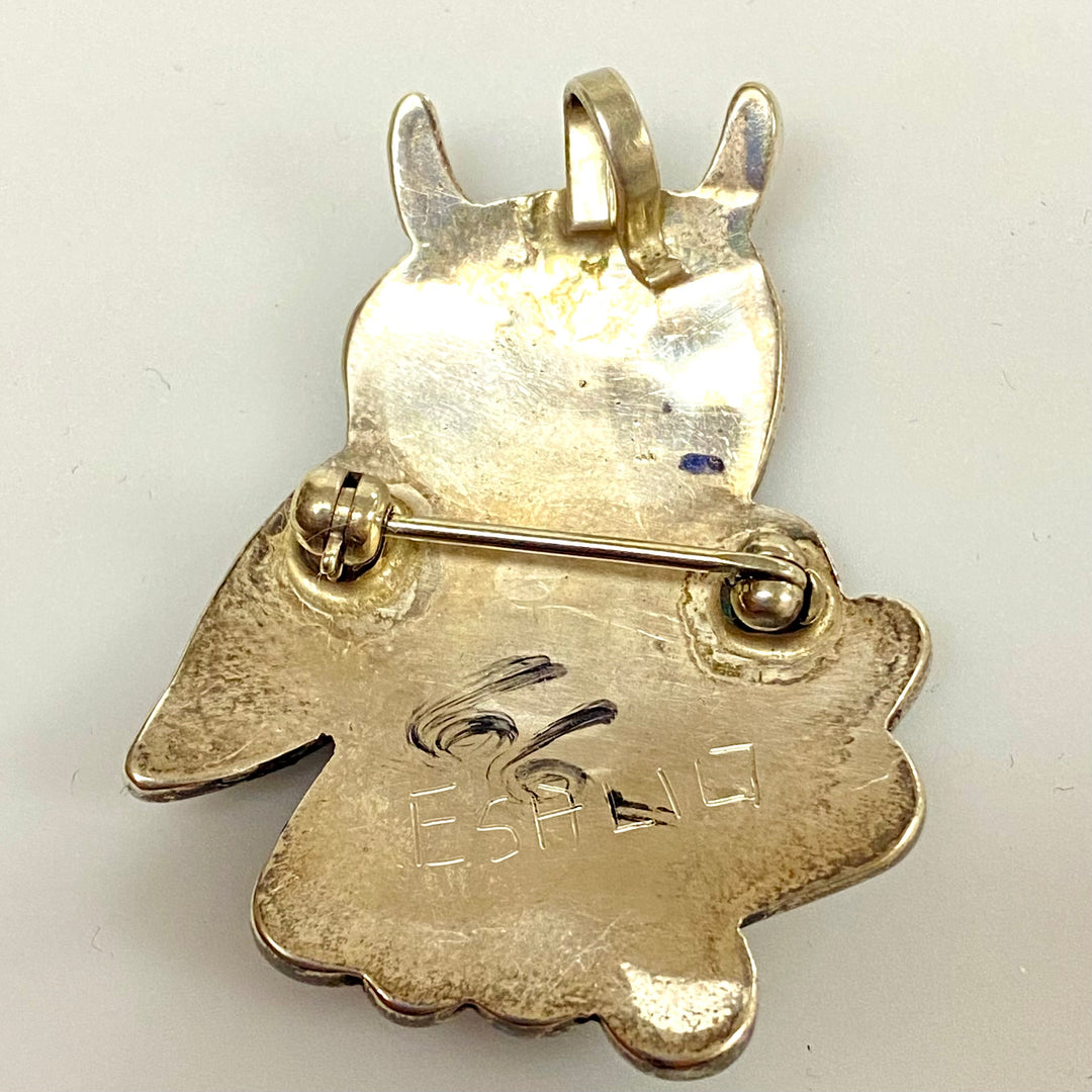 u836 Vintage Esalio Zuni Owl Pendant Pin Brooch Sterling Silver Turquoise Shell