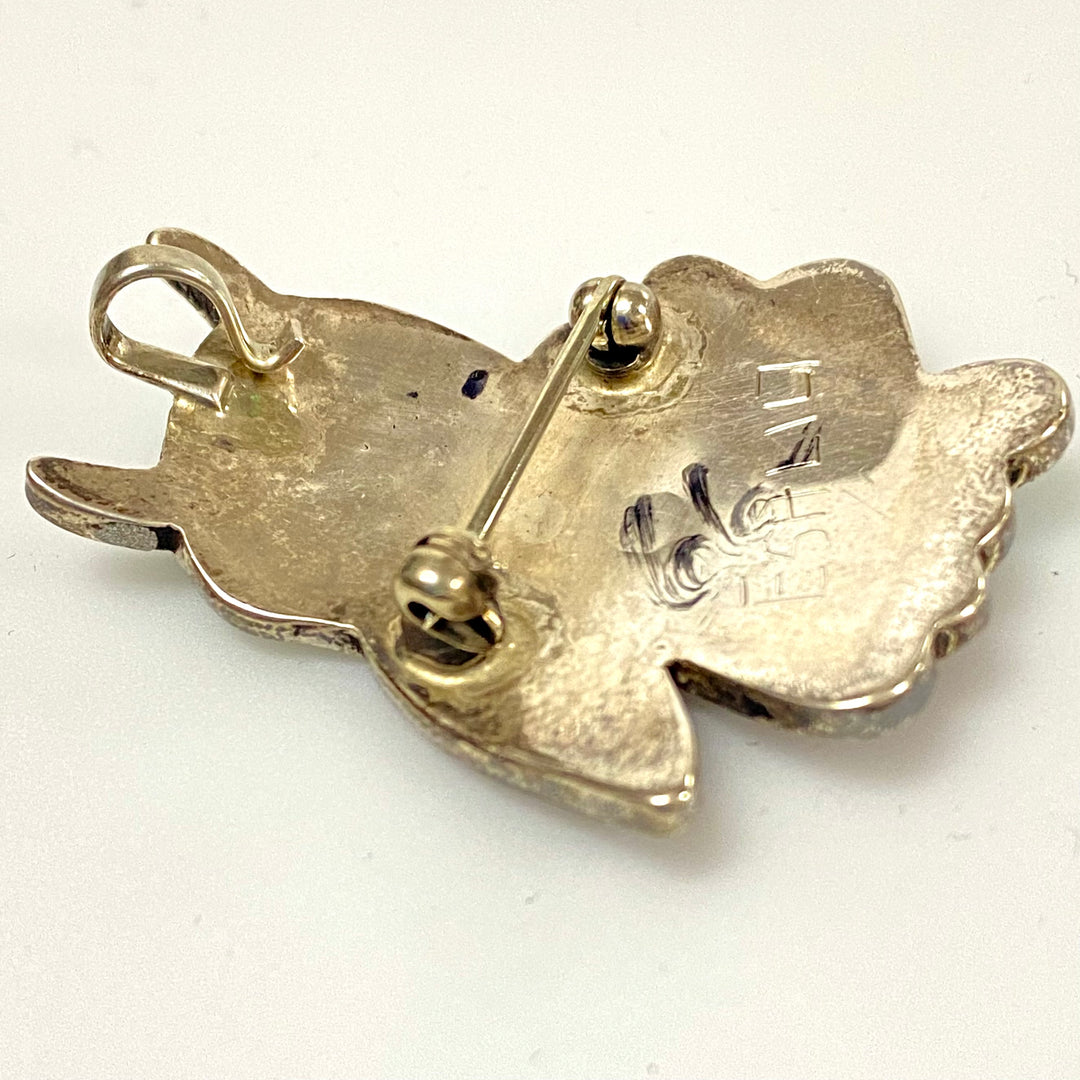 u836 Vintage Esalio Zuni Owl Pendant Pin Brooch Sterling Silver Turquoise Shell