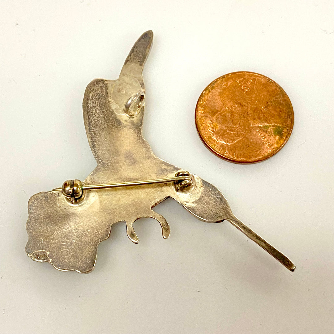 u837 Vintage Zuni Sterling Silver Stone Inlay Hummingbird Pendant Brooch Pin