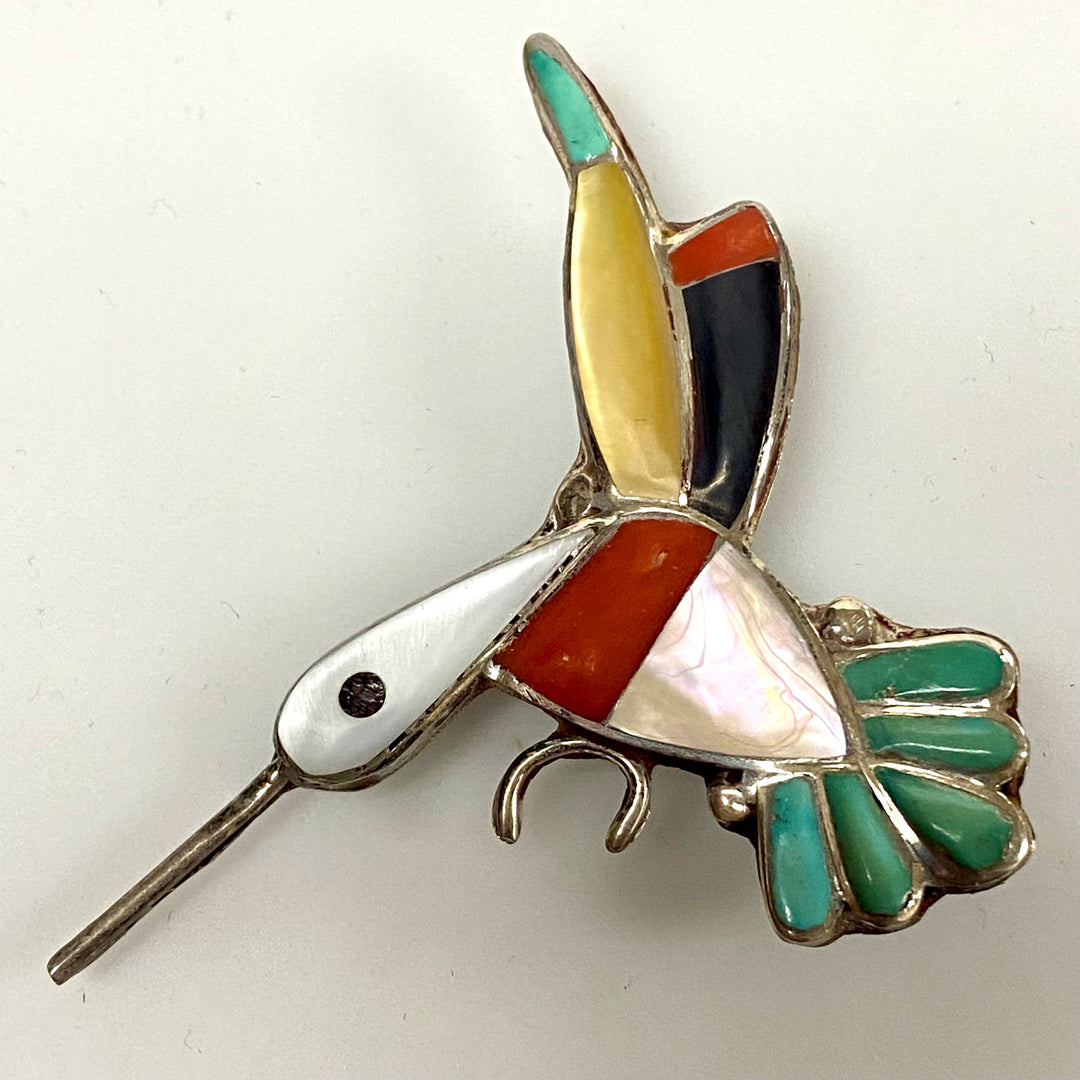 u837 Vintage Zuni Sterling Silver Stone Inlay Hummingbird Pendant Brooch Pin