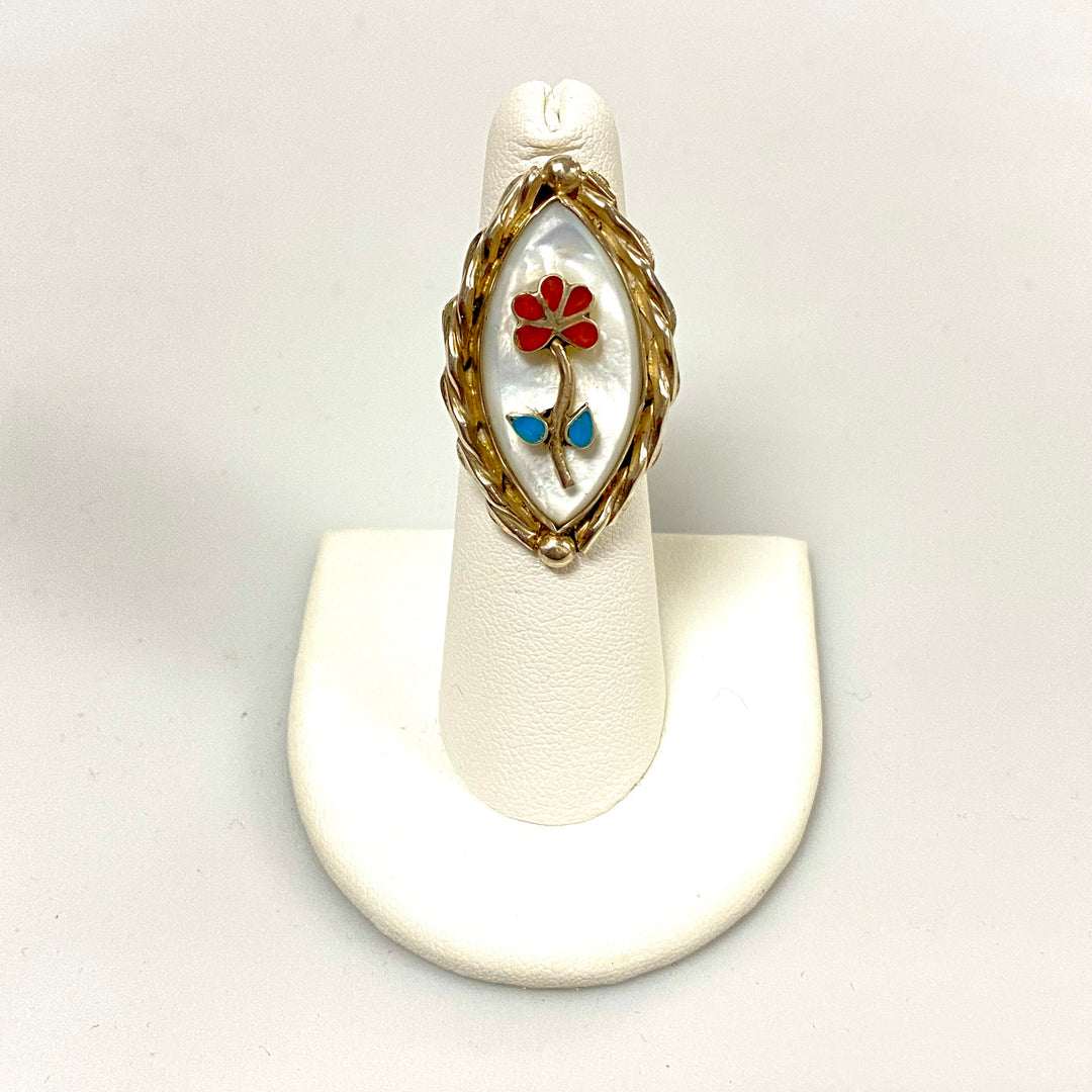 u838 Vintage Zuni Mother of Pearl Inlay Stones Sterling Silver Ring Size 4 3/4