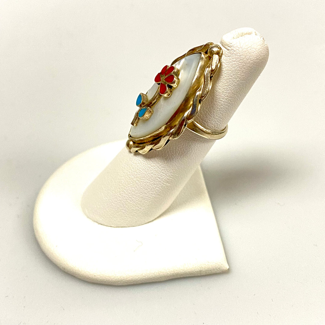 u838 Vintage Zuni Mother of Pearl Inlay Stones Sterling Silver Ring Size 4 3/4