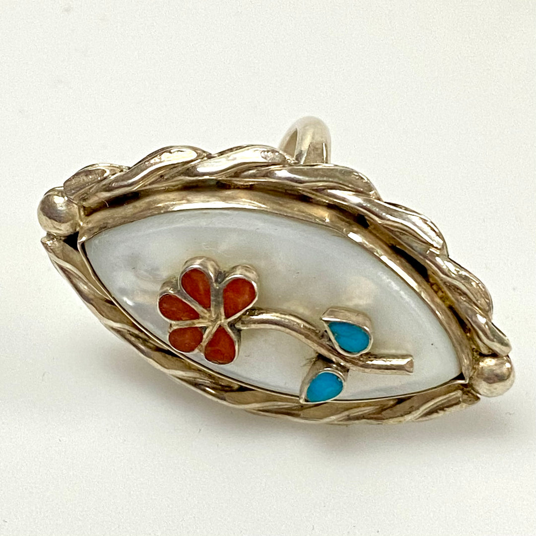 u838 Vintage Zuni Mother of Pearl Inlay Stones Sterling Silver Ring Size 4 3/4