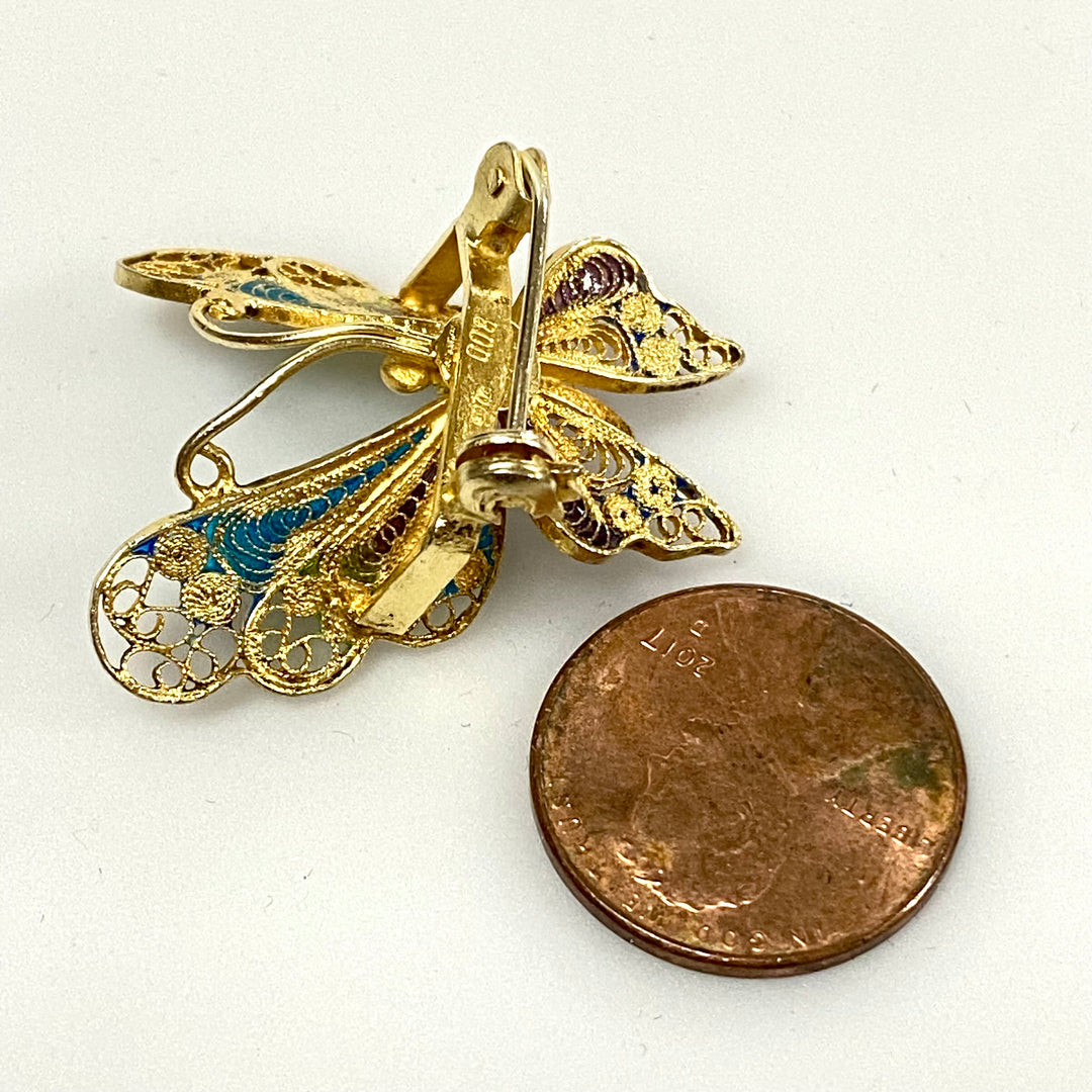 u841 Vintage Gold Tone Gold Tone Silver 800 Filigree Enamel Butterfly Brooch Pin