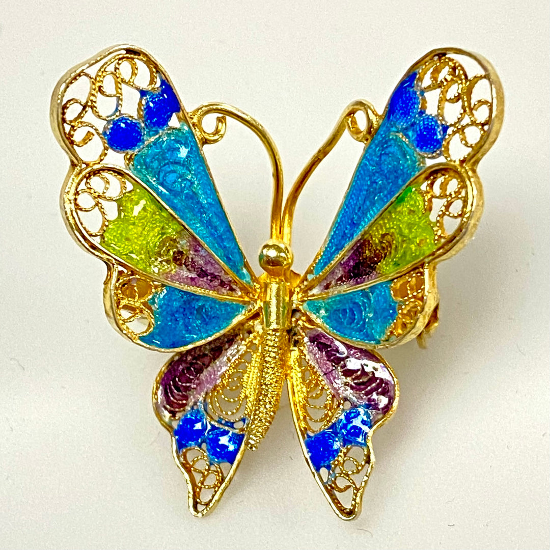 u841 Vintage Gold Tone Gold Tone Silver 800 Filigree Enamel Butterfly Brooch Pin