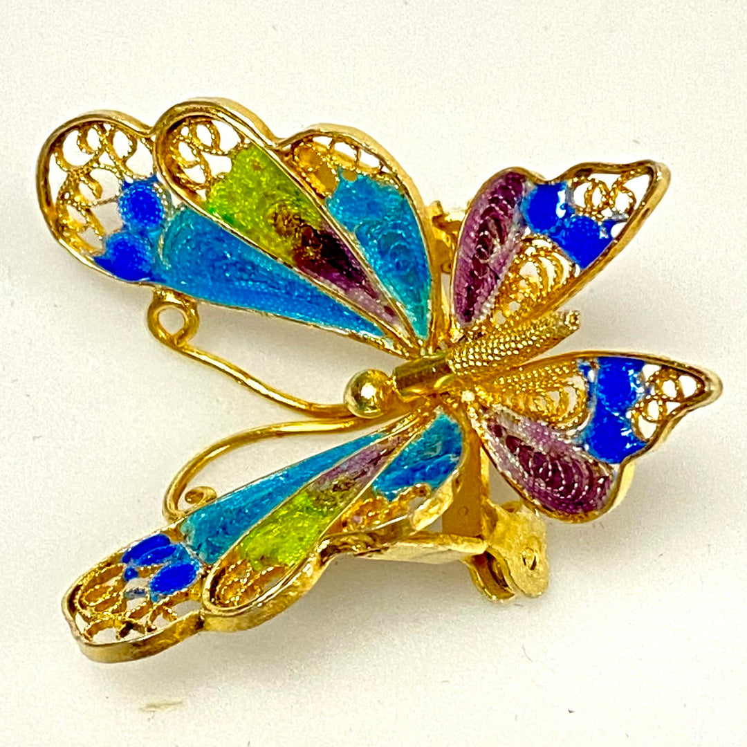 u841 Vintage Gold Tone Gold Tone Silver 800 Filigree Enamel Butterfly Brooch Pin