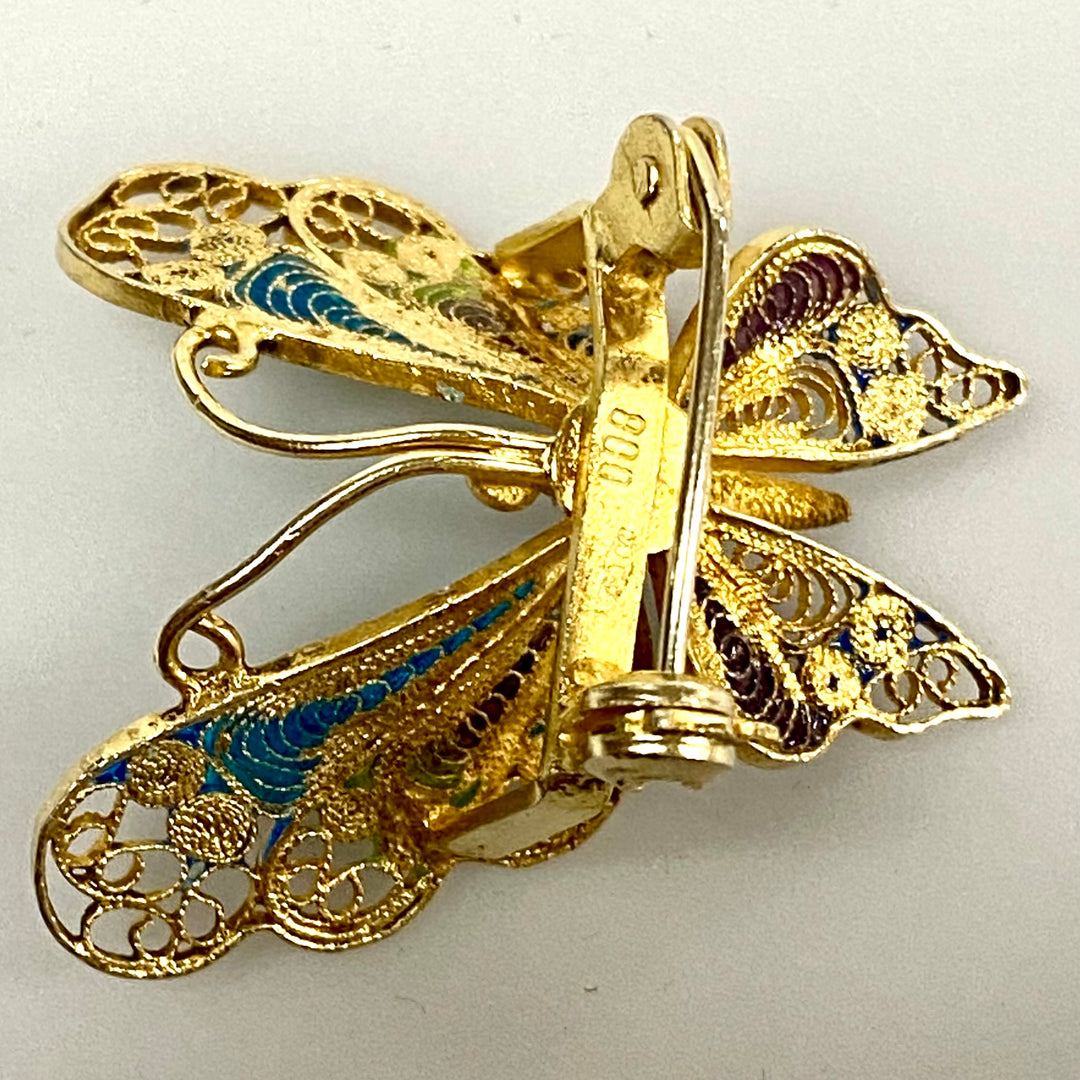 u841 Vintage Gold Tone Gold Tone Silver 800 Filigree Enamel Butterfly Brooch Pin