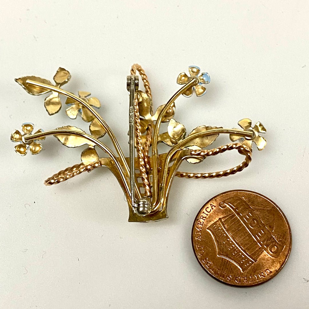 u845 Vintage Krementz Gold Filled Pearl and Enamel Flower Basket Brooch Pin 50's