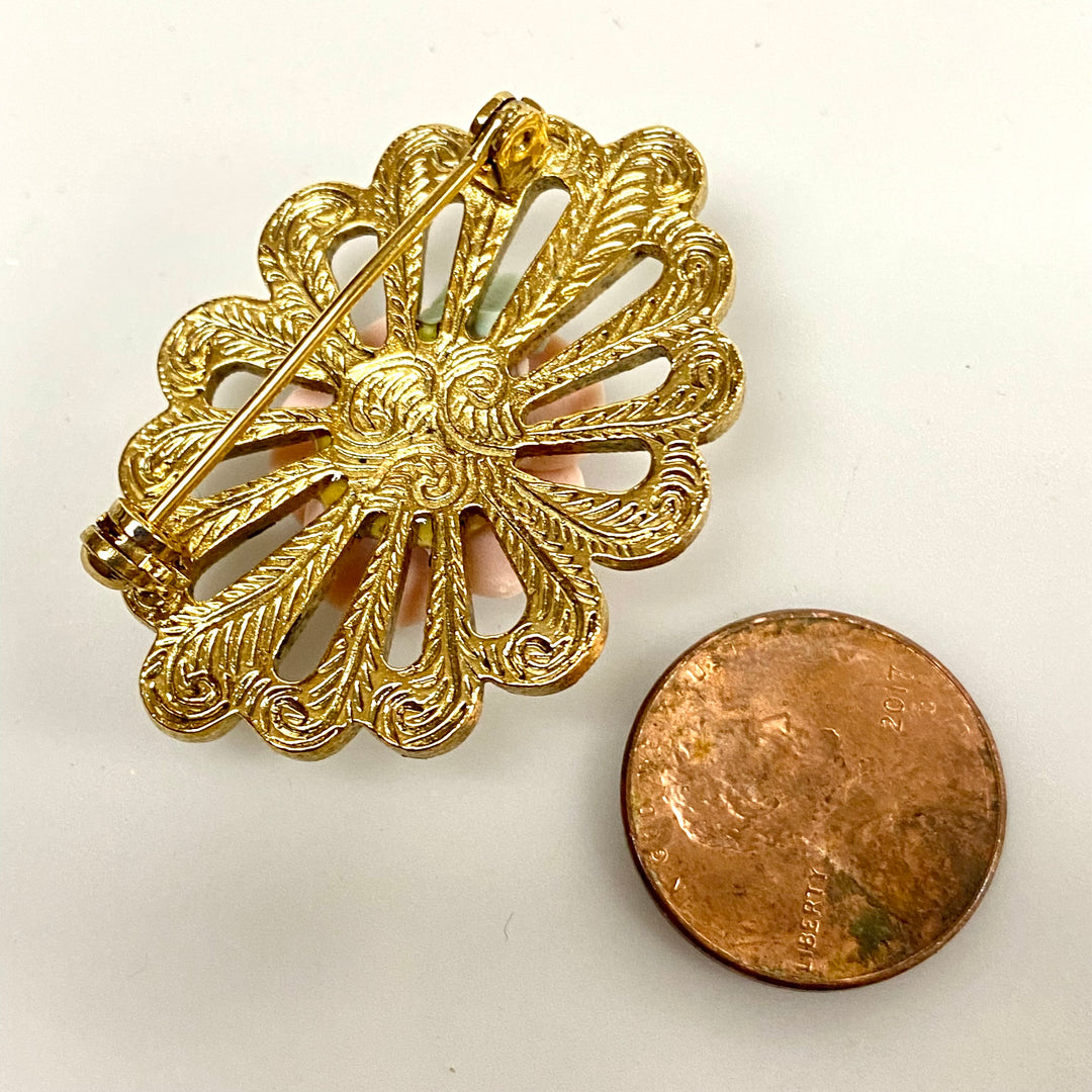 u849 Vintage Gold Tone Frame Flower with Pearls and Multi-stones Brooch Pin