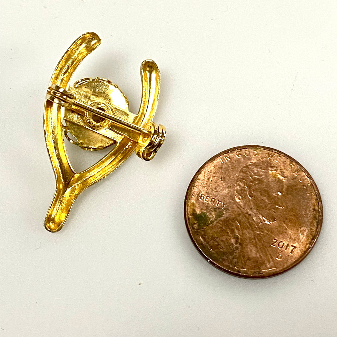 u853 Vintage Gold Tone Yellow Stone Lucky Bone Brooch Pin