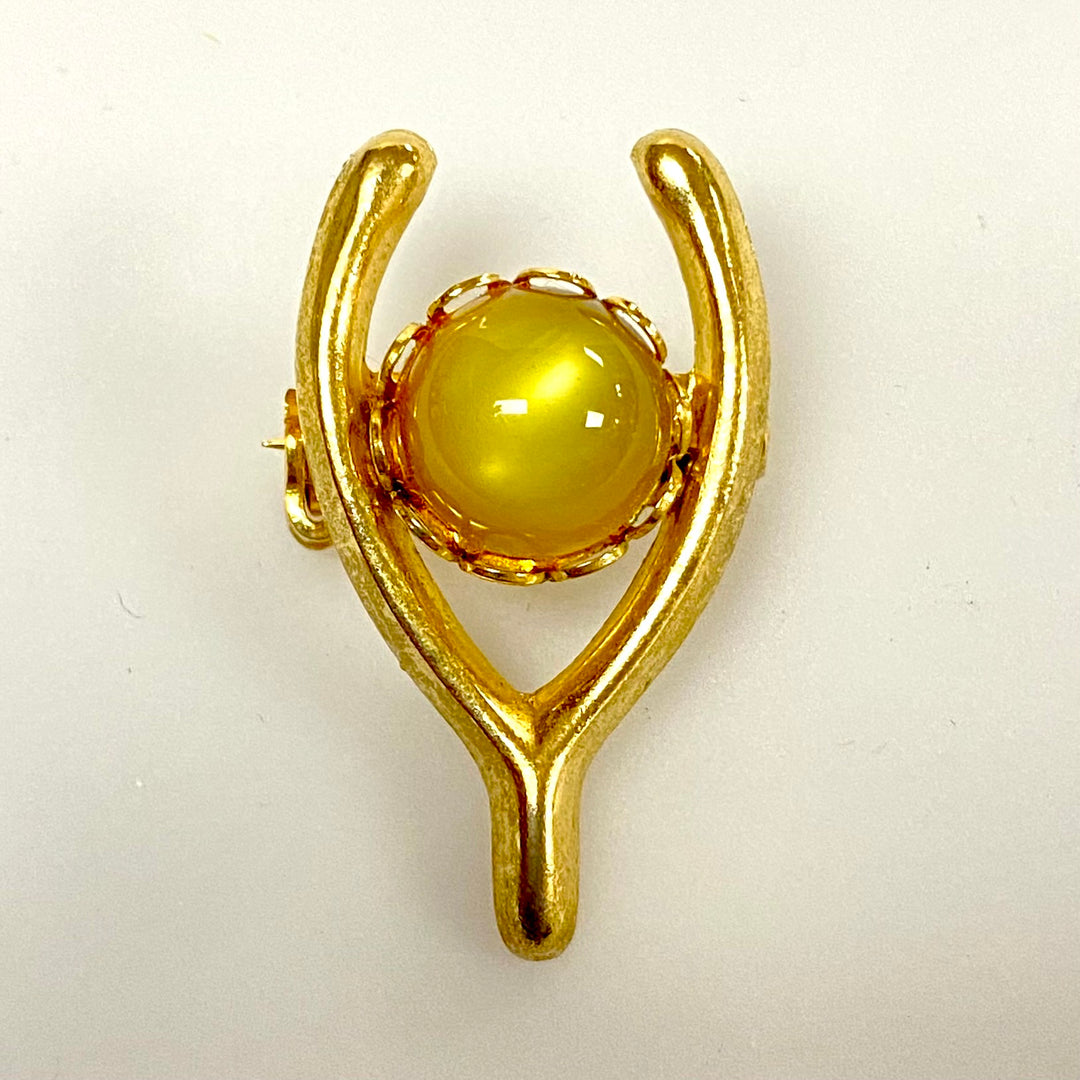 u853 Vintage Gold Tone Yellow Stone Lucky Bone Brooch Pin