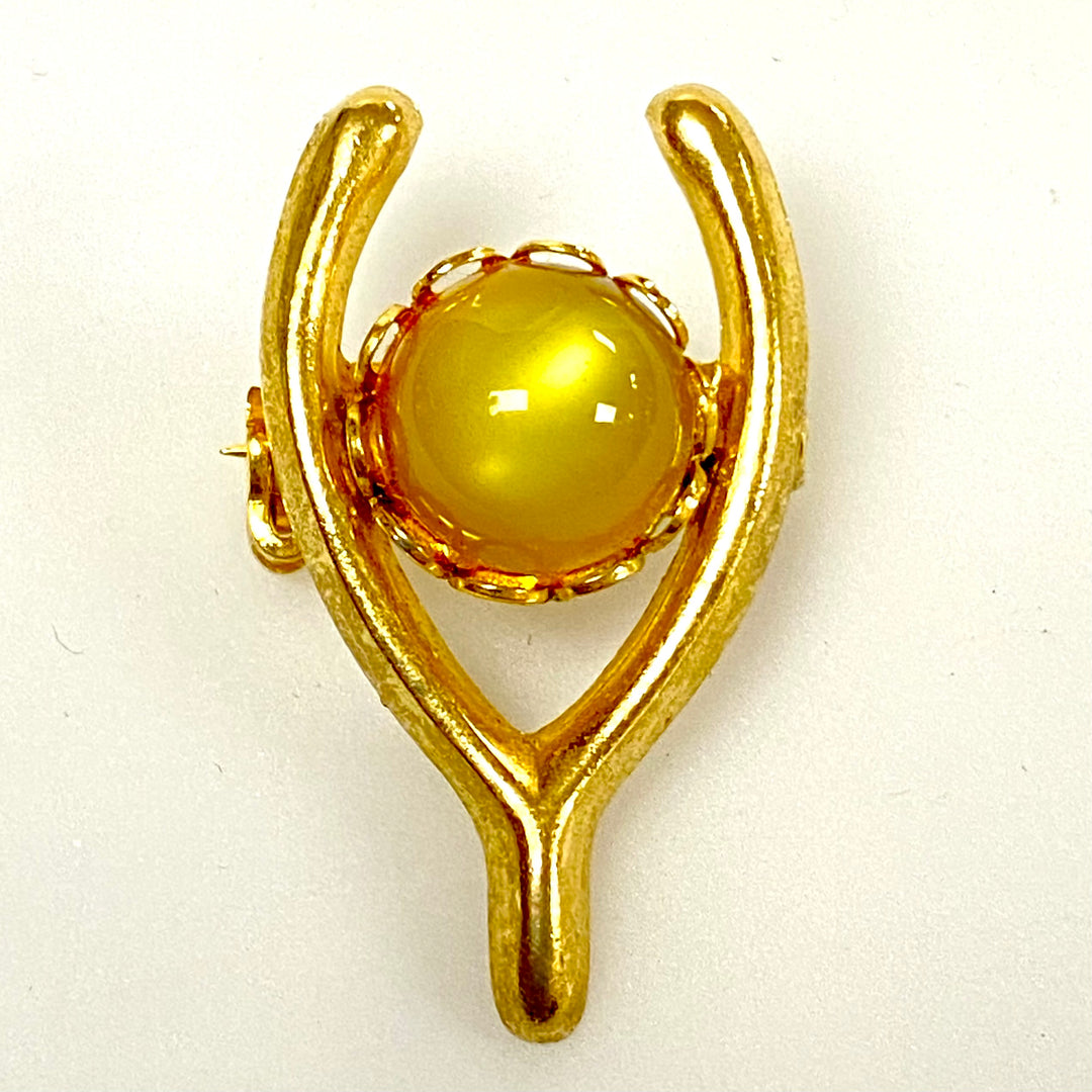 u853 Vintage Gold Tone Yellow Stone Lucky Bone Brooch Pin