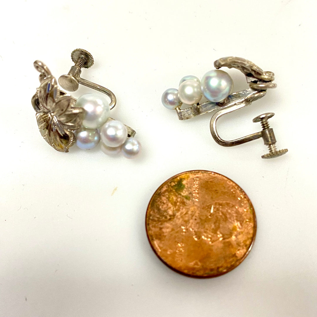 u855 Vintage 2pc Earrings Set Sterling Silver and Pearl Grapes