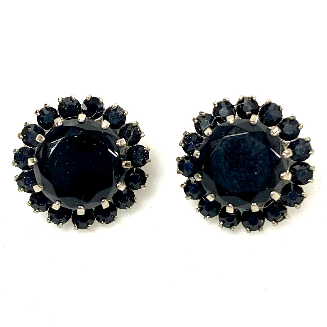 u856 Vintage 2pc Clip-on Earrings Set Silver Tone Black Stones Flower Shape