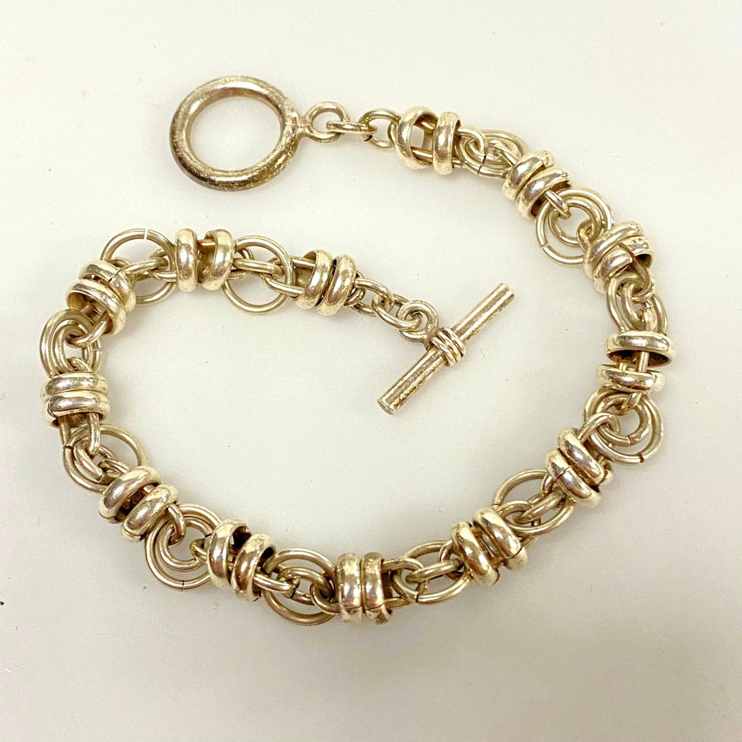 u862 Vintage 925 Sterling Silver Multi Circle Link Chain Toggle Bracelet 8" Long