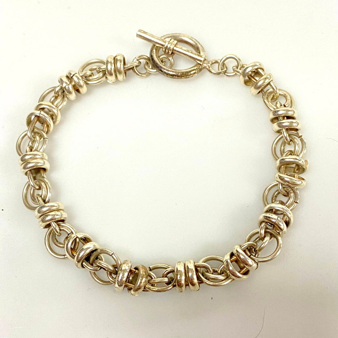 u862 Vintage 925 Sterling Silver Multi Circle Link Chain Toggle Bracelet 8" Long