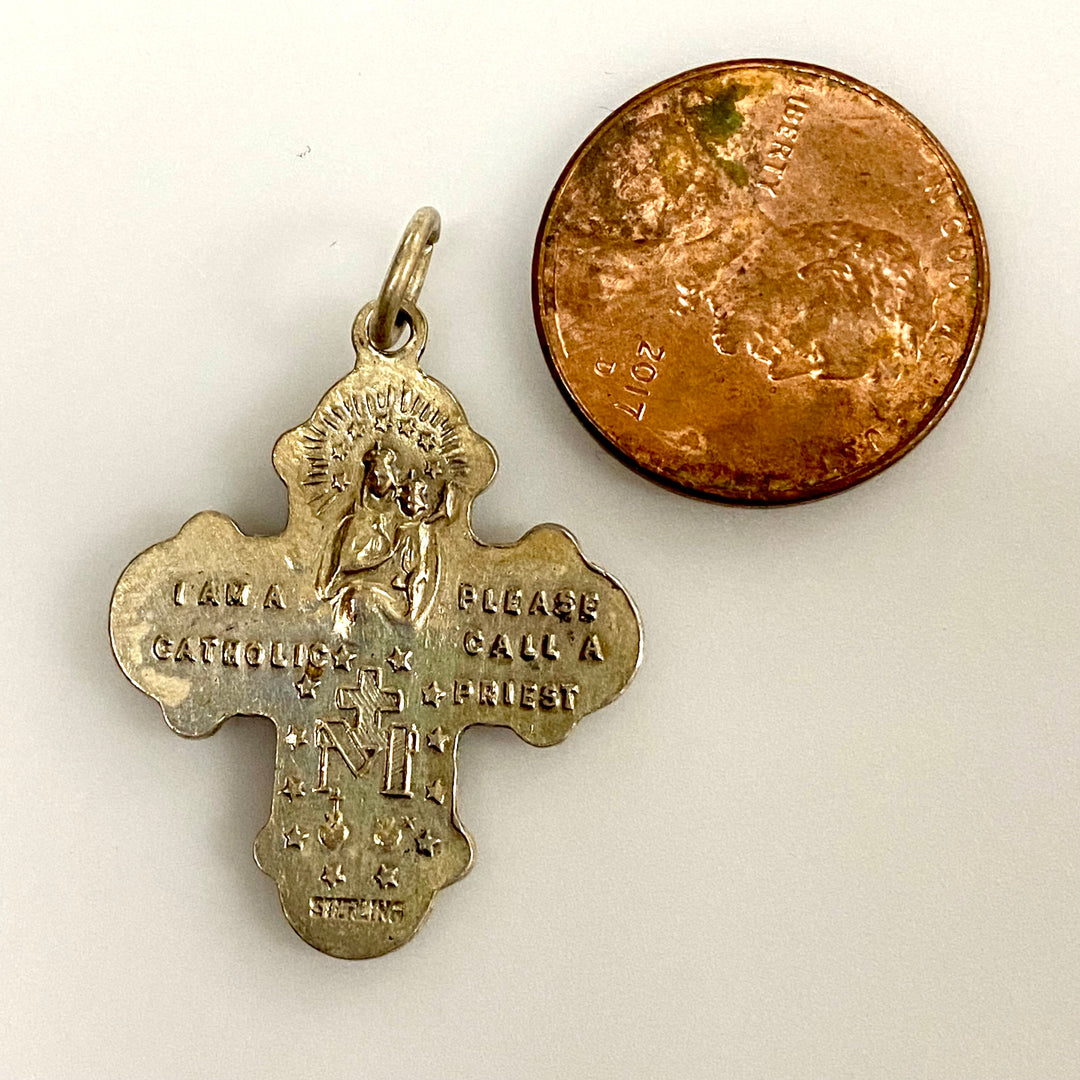 u865 Vintage Sterling Silver Jesus Cross Pendant Catholic Message