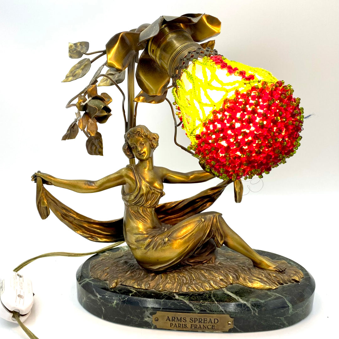u874 Rare Antique Art Nouveau Bronzed Arms Spread Paris Femme Figurine Statue Table Lamp