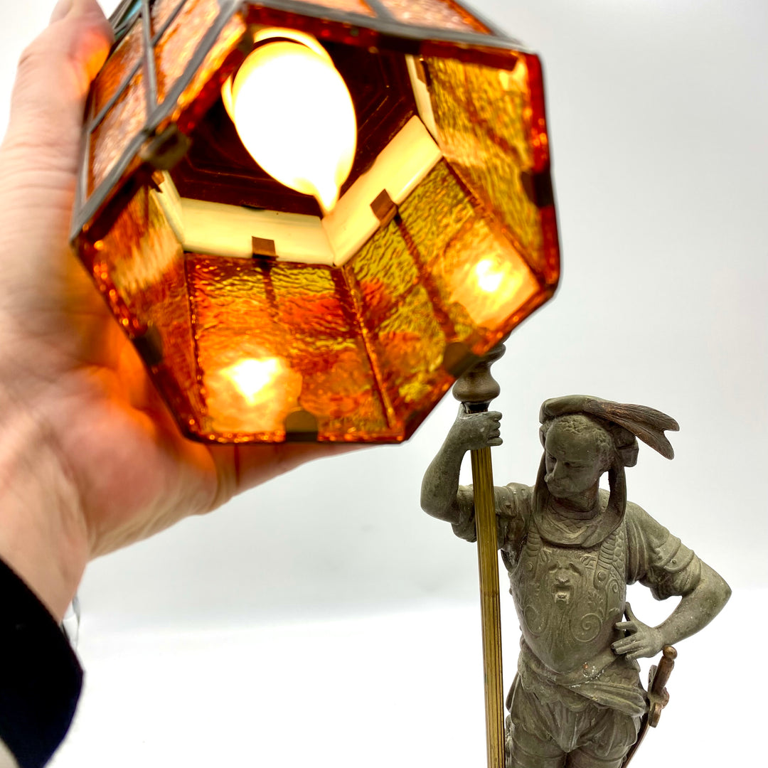 u875 Antique Brass/Bronze Soldier Holding Lantern Statue Sculpture On Heavy Base