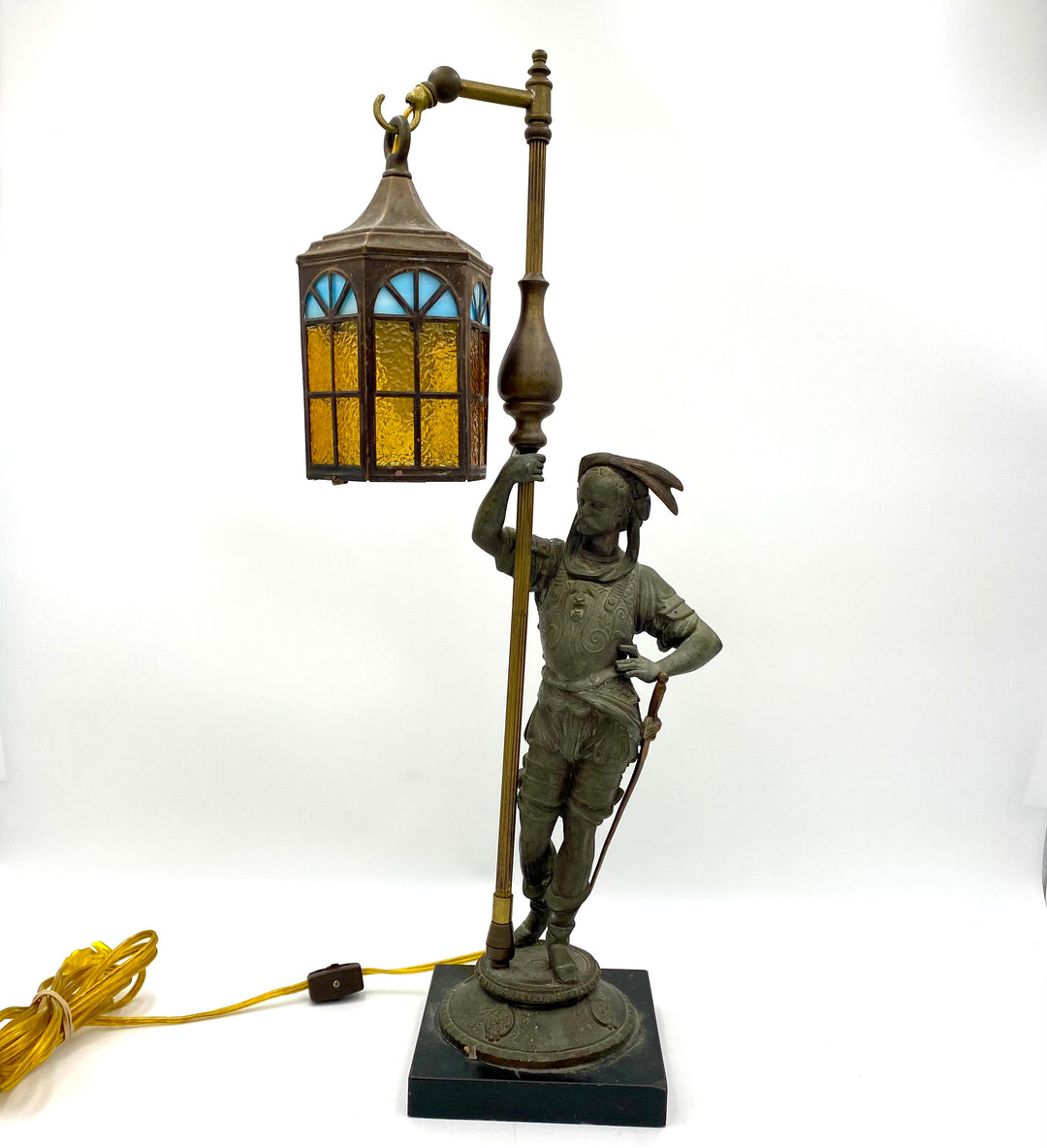 u875 Antique Brass/Bronze Soldier Holding Lantern Statue Sculpture On Heavy Base