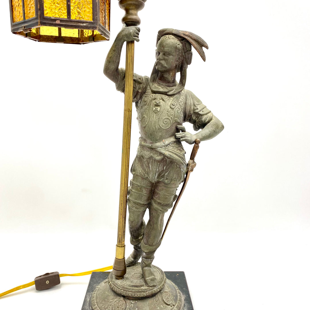 u875 Antique Brass/Bronze Soldier Holding Lantern Statue Sculpture On Heavy Base